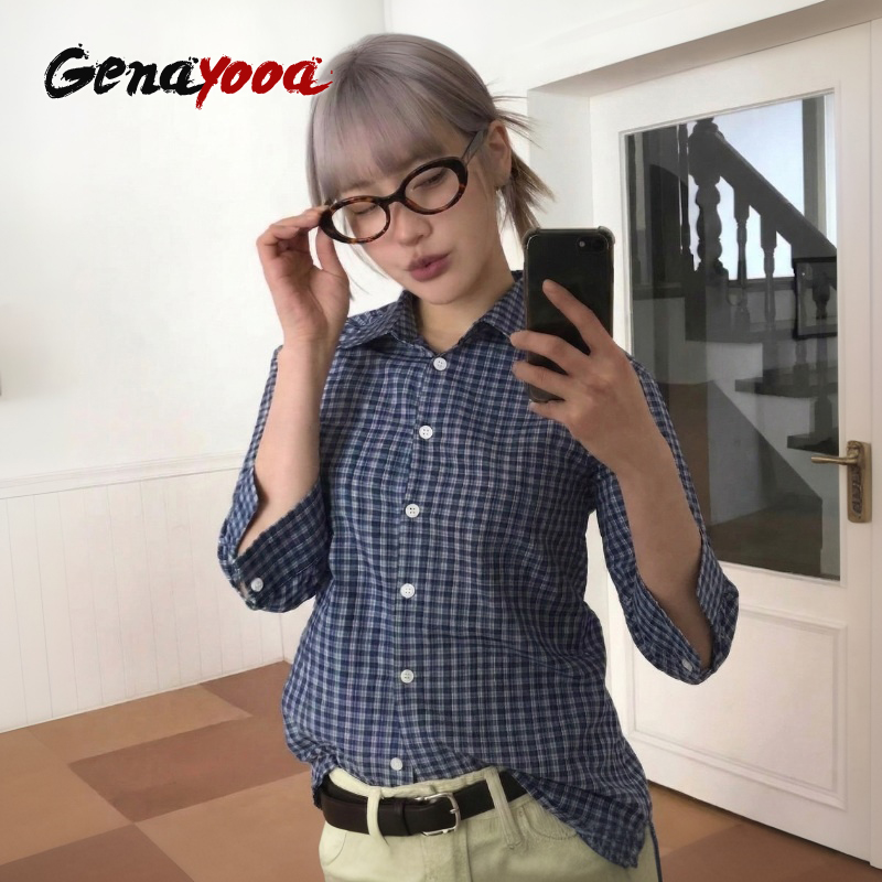 Summer Grunge Clothing - Genayooa Y2k camisa a cuadros para